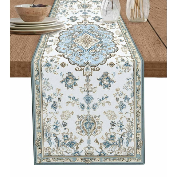 Blue Boho Table Runner 48 Inches, Luxury Ethnic Traditional Floral Pattern Bed Runner Dresser Scarves Tabletop for Indoor Outdoor Parties/Ceremony/Banquet, 13" x 48"