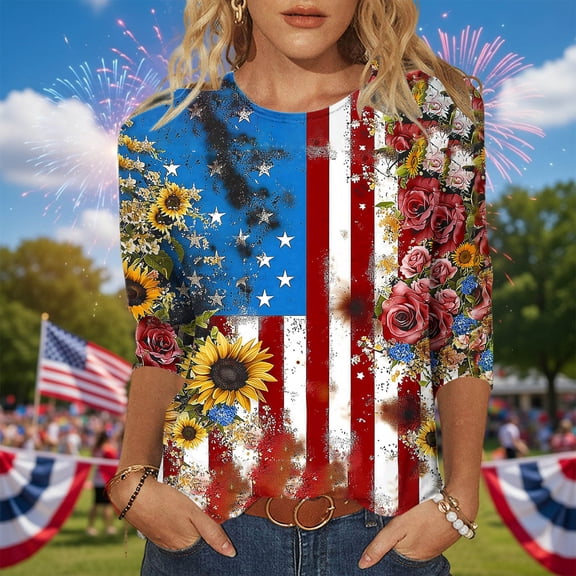JOANKDMI Women's American Flag Shirts 3/4 Sleeve 4th of July Independence Day Crew Neck Tops Patriotic Holiday Festival Fashion T Shirts