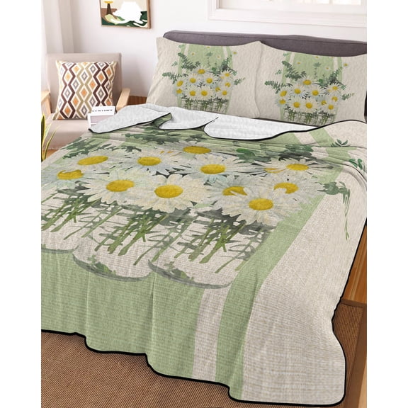 Spring Floral Daisy King Size Down Alternative Comforter, Lightweight Comforter Quilt Bedding Set with Pillow Shams Leaves Linen Printed All Seasons Bed Comforter Duvet Insert 96"x106"