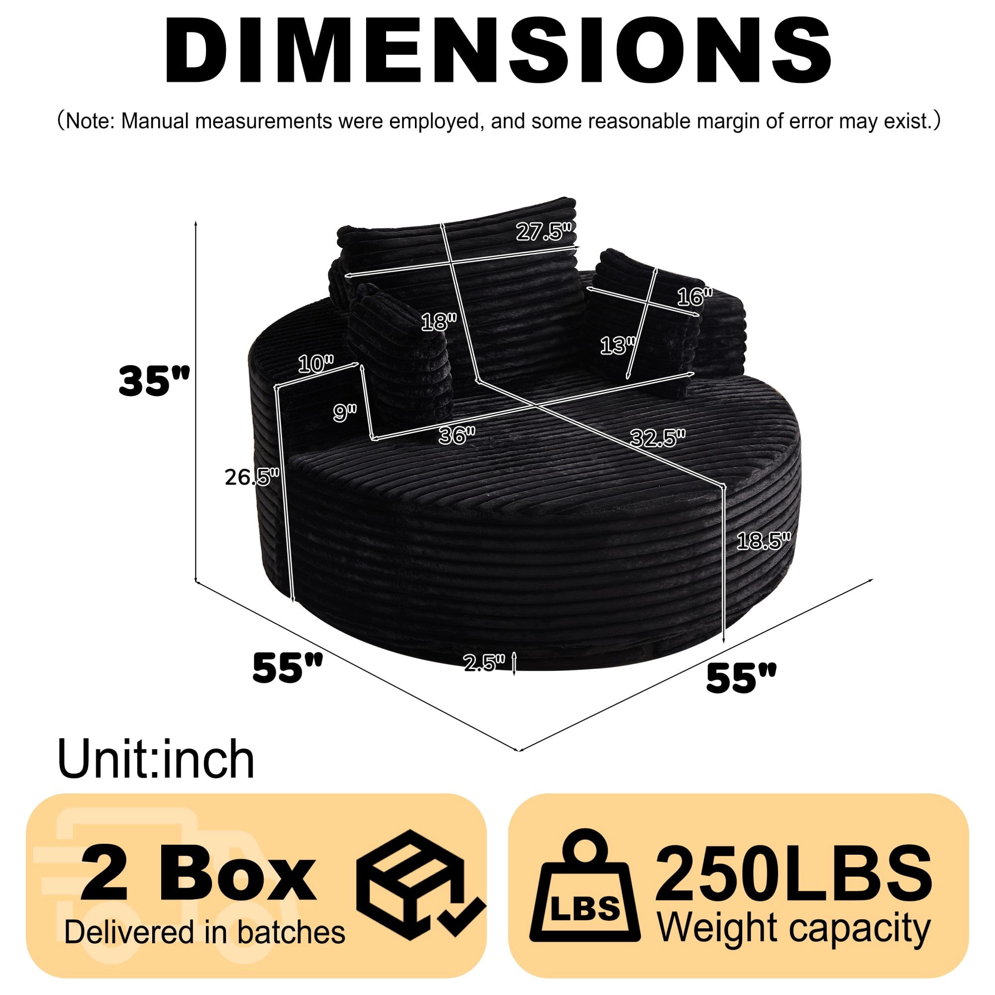 Sailvan 55" Corduroy Fabric Swivel Chair, Modern Round Sleeper Sofa with 360 Degree Rotation, Fluffy Foam Lounge Chair for Living Room Black