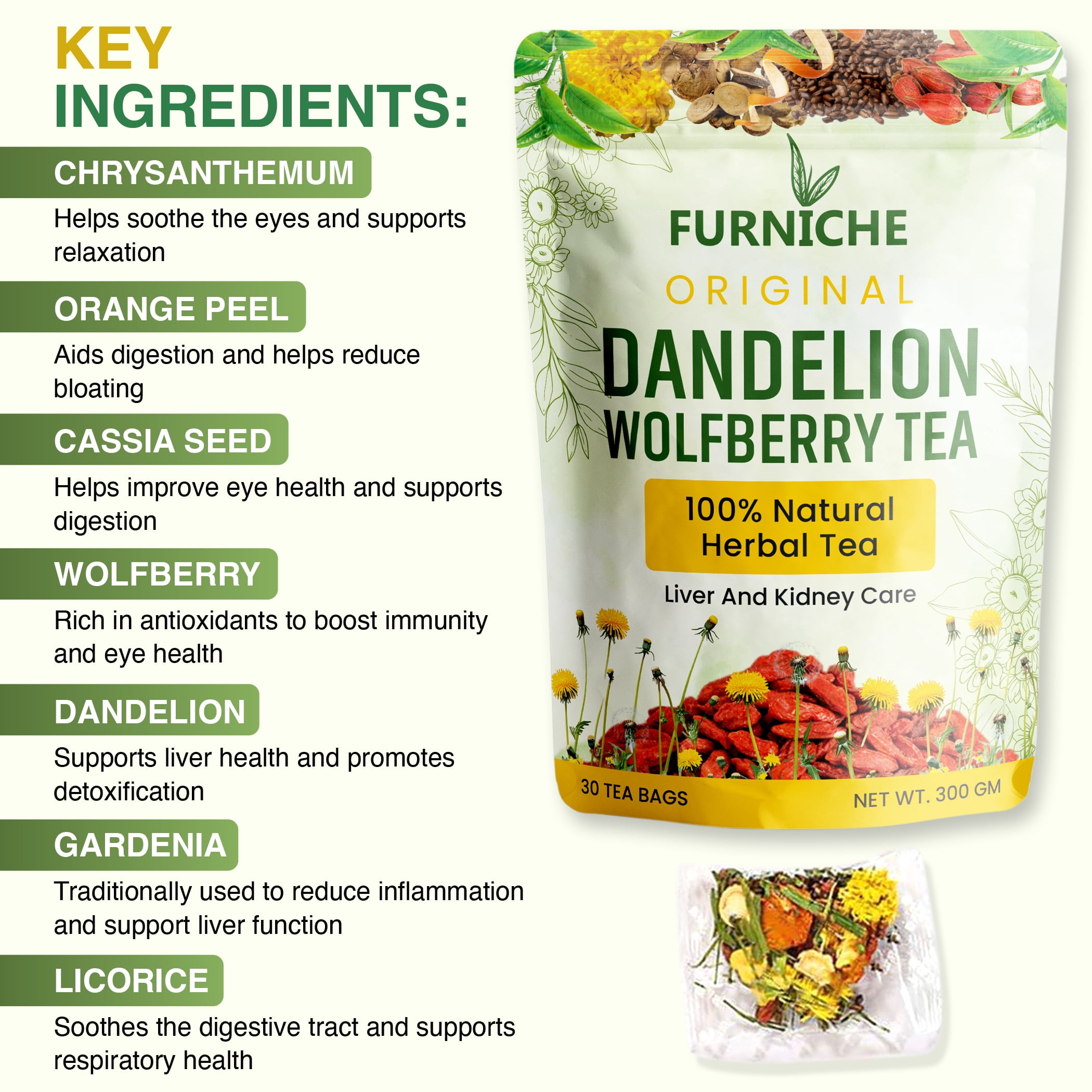 Dandelion Wolfberry Tea – 7 Natural Ingredients Herbal Tea Bags for Kidney and Liver Health, Dandelion Chinese Wolfberry Tea Bags Organic - 30 Servings