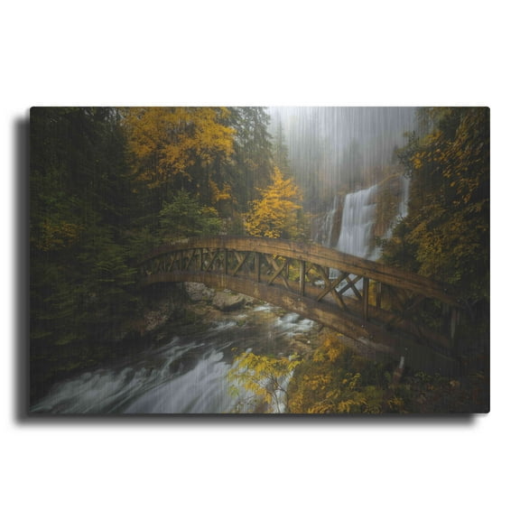 Luxe Metal Art 'A Bridge in the Forest' by Enrico Fossati, Metal Wall Art, 36"x24"