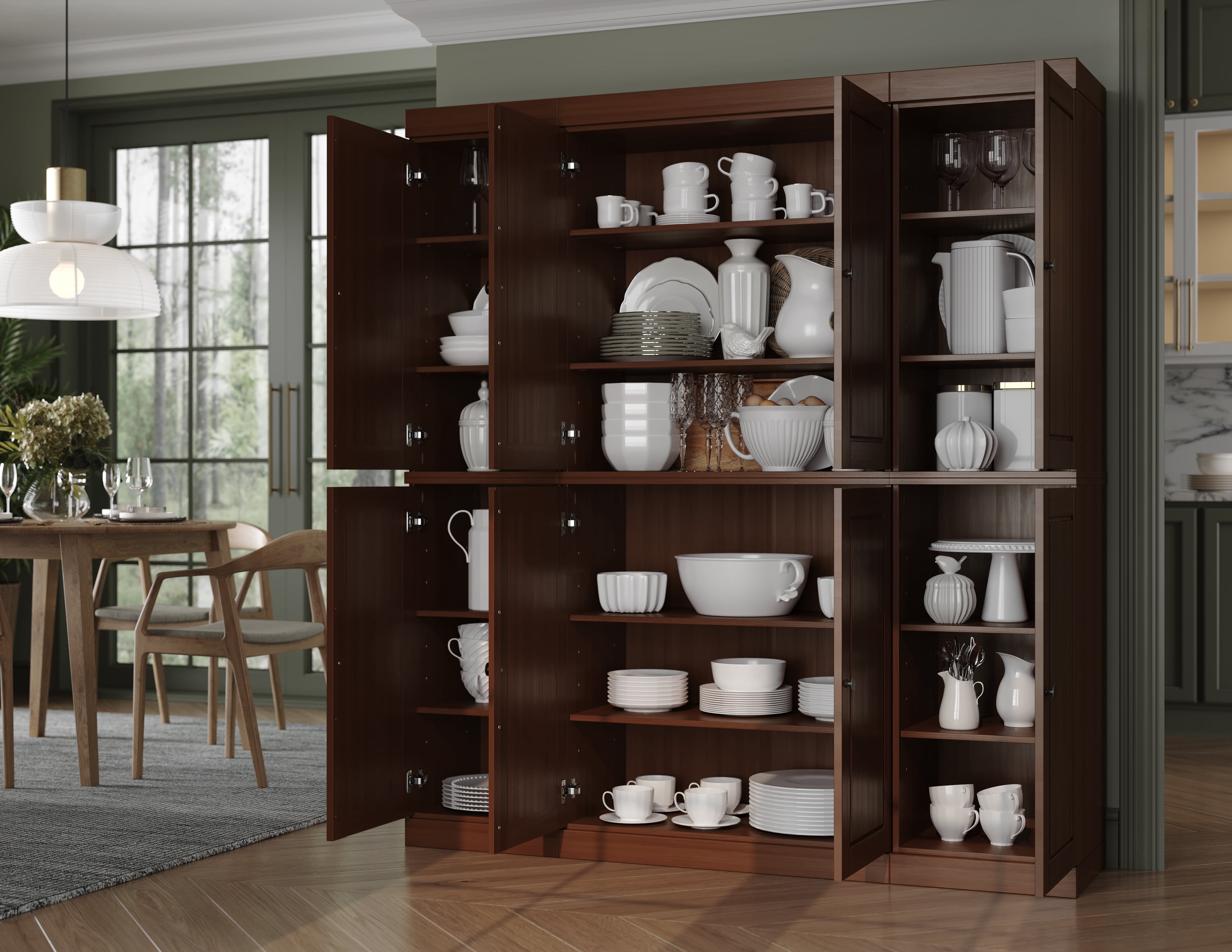 100% Solid Wood Kitchen Pantry Storage Cabinet with Solid Doors and Adjustable Shelves, Mocha Wooden Modular Tall Cabinets