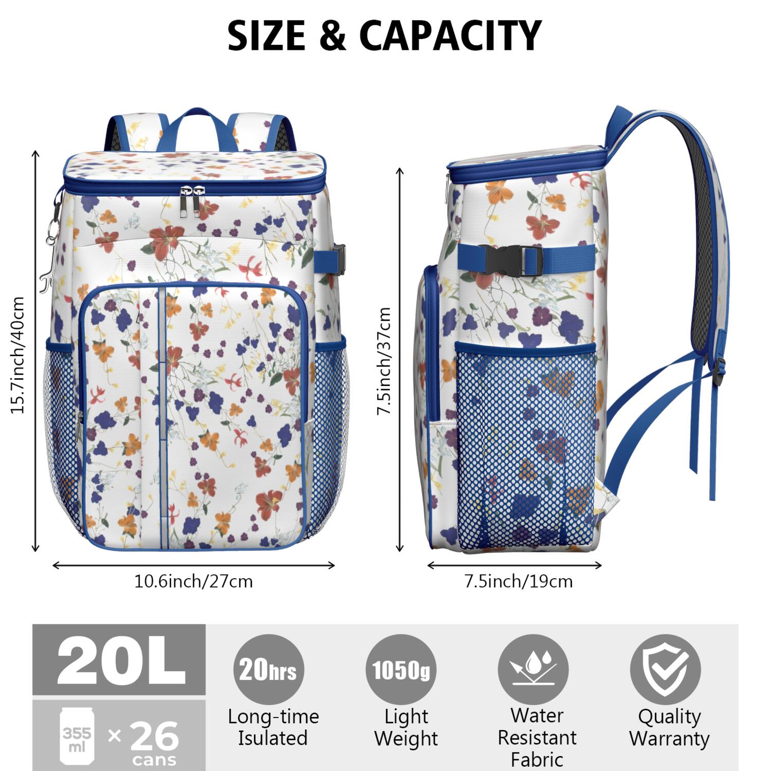 Travel Cooler Bag - Pioneer Flower Floral Print Pattern Camping Beer Cooler Backpack with Bottle Opener- Waterproof Insulated Picnic Backpacks - Cooler Bag for Beach