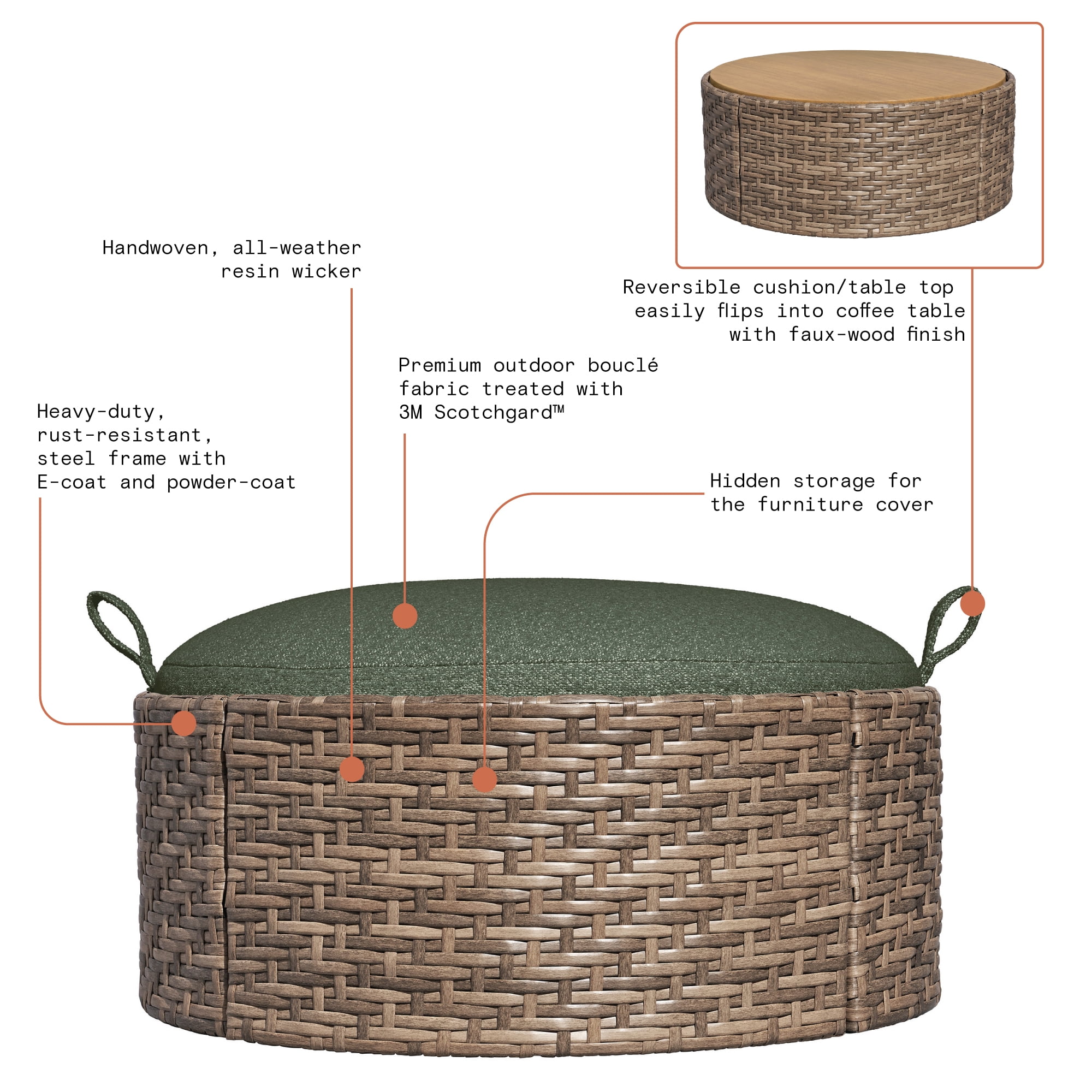 Beautiful Wicker Reversible-Top Outdoor Ottoman and Coffee Table with Cover by Drew Barrymore, Brown/Thyme