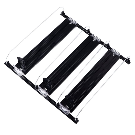 BIMZUC 38cm Adjustable E‑Shaped Fridge Drink Organizer – Automatic Pusher for 12oz‑20oz Cans & Bottles, 3‑Set Black