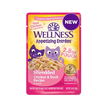 Wellness Appetizing Entrées Shredded Adult Wet Cat Food, Natural, Protein-Rich, Grain Free, 2.8 Ounce Pouch, 8 Pack (Chicken & Duck Recipe)