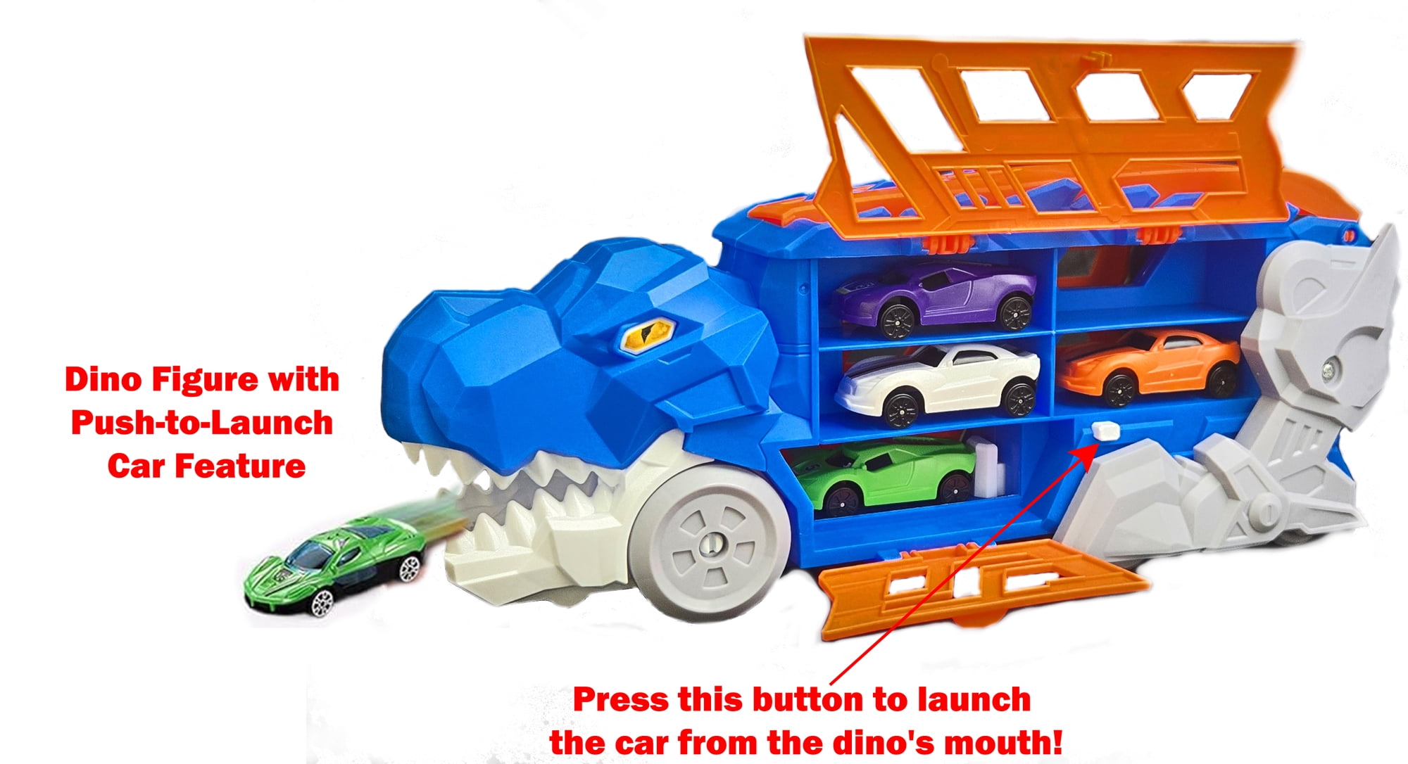 Dinosaur Transporter Truck Toy Combo – Set of 2 (Blue & Green) with 8 Die-Cast Cars – Dino Launcher & Slide-Out Track – Race Playset for Kids Ages 3+