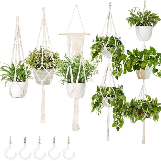 AerWo - Juego de 5 colgadores de macramé para colgar en la pared de interior + 5 ganchos, soporte para colgar plantas hecho a mano, soporte decorativo para macetas para interior y exterior, decoración del hogar bohemio (diferentes niveles) Vhermosa