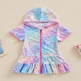 thumbnail image 2 of Maillot de Bain Patchwork en Éponge pour Filles, Robe de Plage à Manches Courtes avec Capuche et Fermeture Éclair, 2 of 9