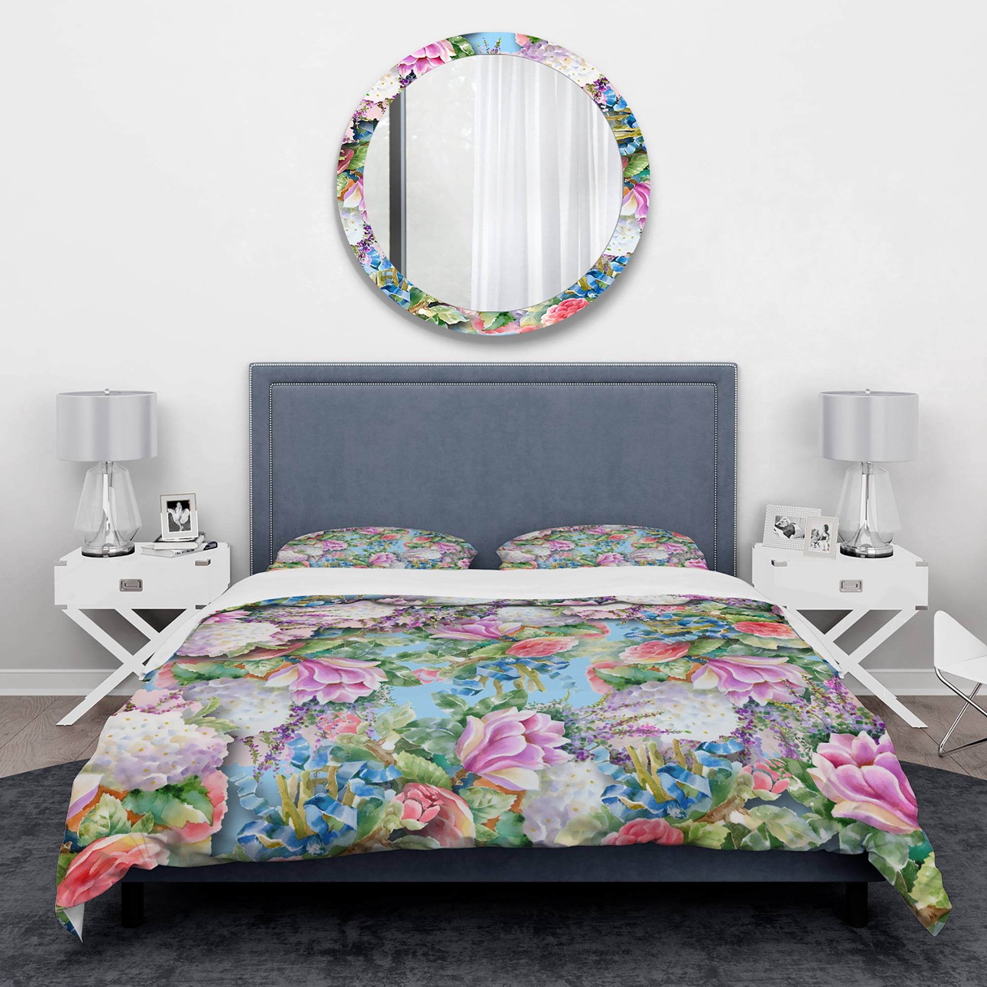 Designart 'Pink Flower Pattern on Blue' Vintage Duvet Cover Set