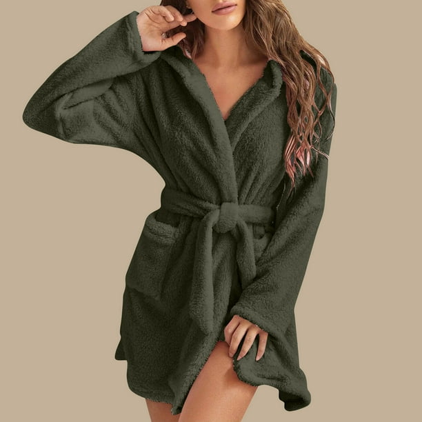 EQWLJWE Plush Robe Short for Women Fleece Robes with Hood Soft Warm Spa  Bathrobe Warm Pajamas Sleepwear Dress Nightgowns with Pokets Winter Pajamas