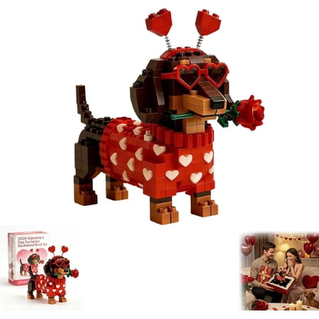 Valentine's Day Exclusive Dachshund Brick Set, DIY 3D Building Block Dog Model, Cute Wiener Dog Puppy Figure, Romantic Creative Gift for Dog Lovers, Couples & Adults