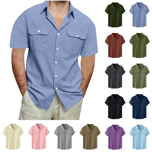 lcziwo Sales Today Linen Shirts for Men Short Sleeve Button Down Shirt Lightweigh Summer Hiking Fishing Work Tops Solid Casual Lapel Cago Shirts with Pockets