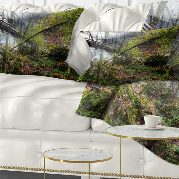 Designart Creek and Bridge with Sunbeams - Landscape Photography Throw Pillow - 12x20