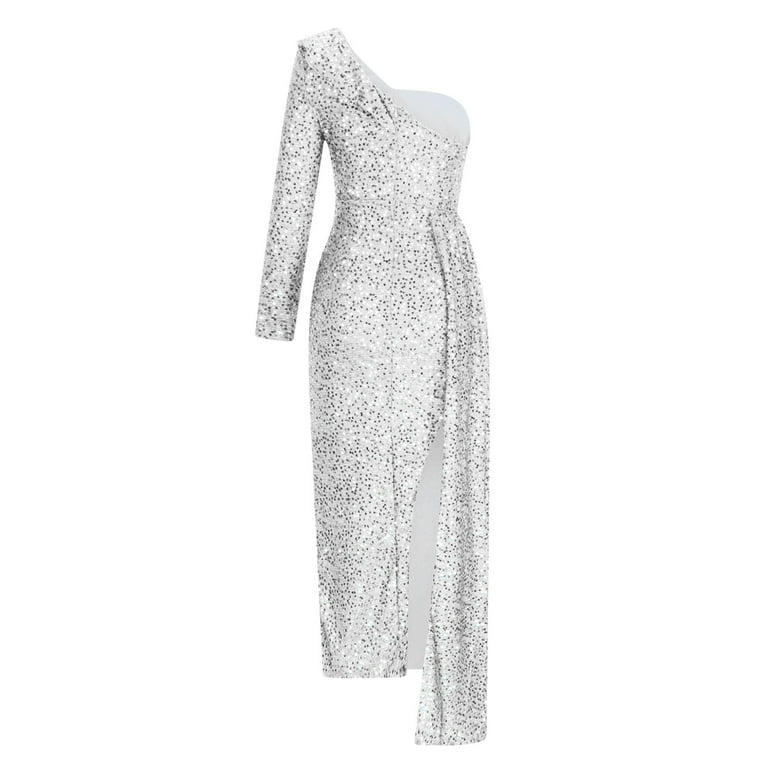 LYEAA Engagement Dresses for Women Long Sleeve Glitter Sequin Long Dress  One Shoulder Elegant Dress Slit Solid Color Evening Gown Cocktail Dress  Fashion Club Dress Dress White L