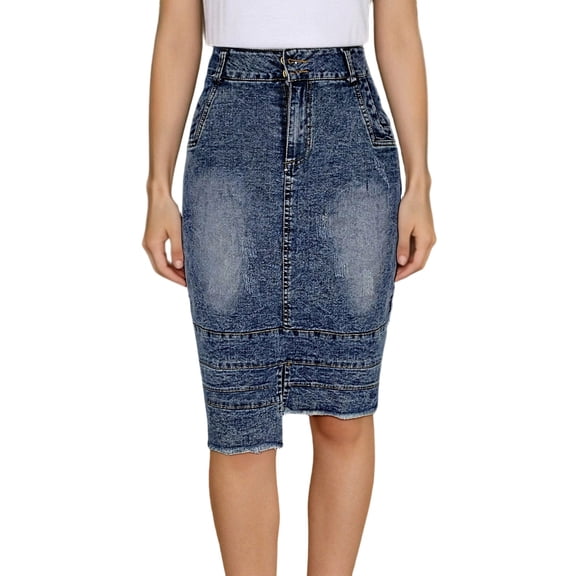 Skirts for Women Trendy,Womens Midi Jean Skirt High Waisted Asymmetrical Hem Bodycon Skirts Plus Size A Line Stretch Denim Skirt with Pocket