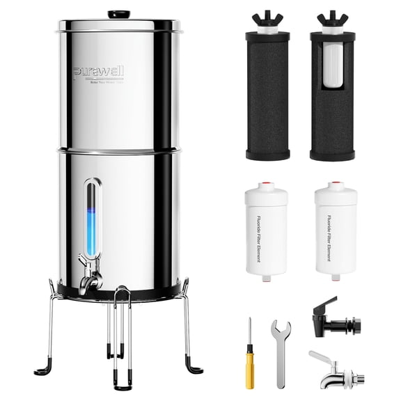 Purewell 2.25-Gallon 304 Stainless Steel Multifunctional Gravity-Fed Water Filtration Systemwith 2 Filters and Stand