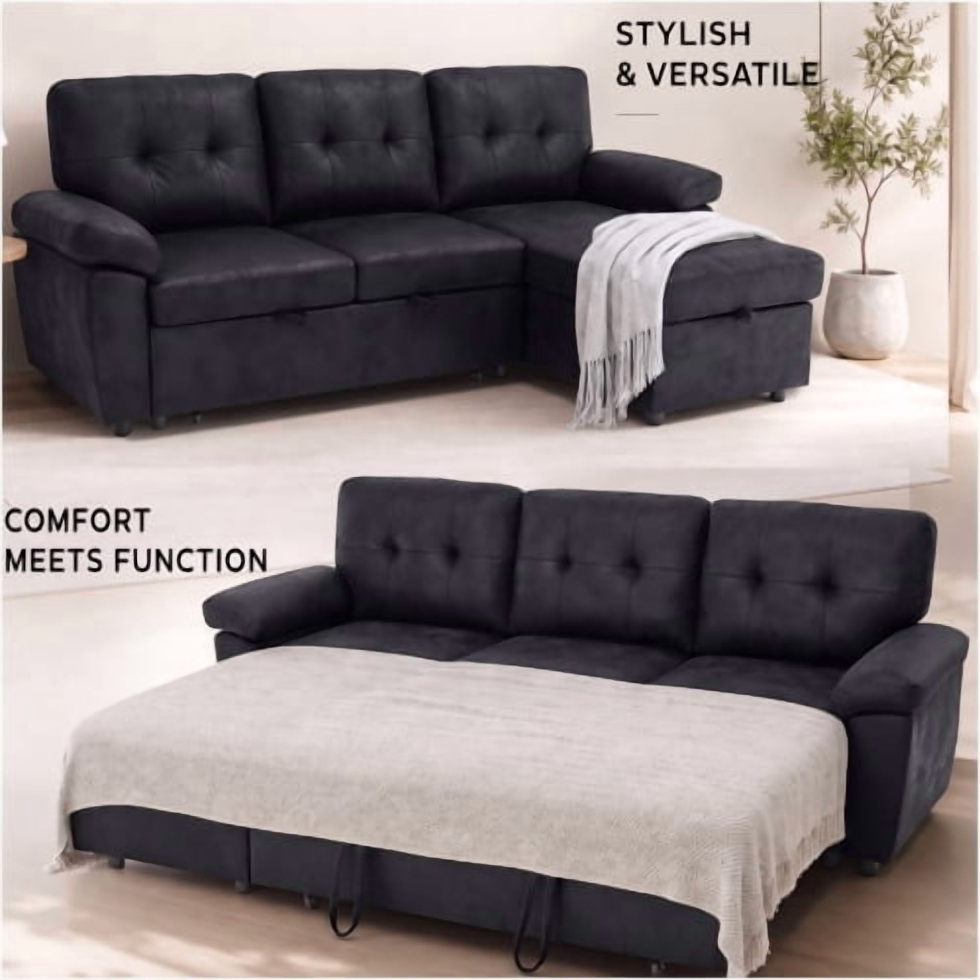 88.5" Convertible L-Shaped Pull-Out Sectional Sofa Bed with Storage Chaise & Soft Padded Armrests, Foil Fabric Upholstery, Black