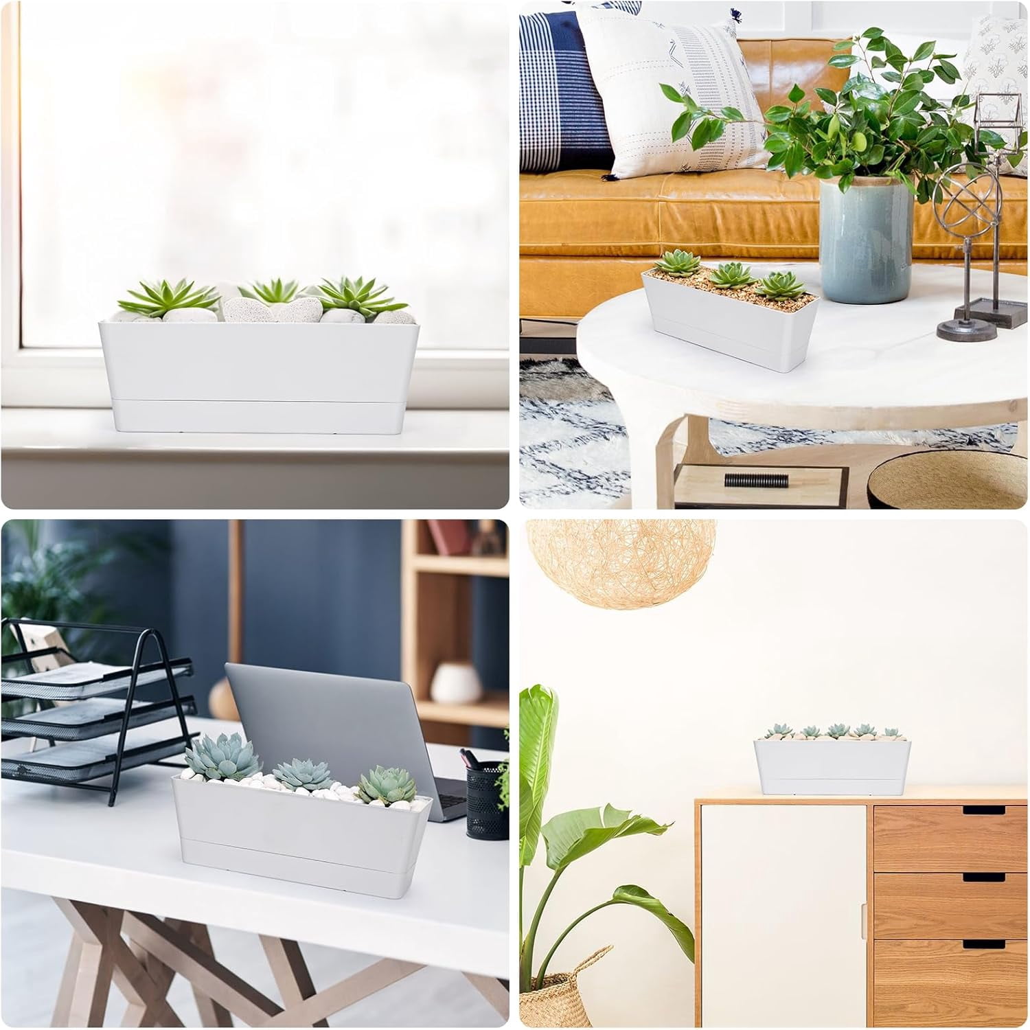 Herb Planter with Tray, 1 Pack 12x3.8 Inch Rectangle Window Box, Indoor Succulent Flowers Succulent Plastic Pot for Windowsill, Garden, Balcony, Office Outdoor Decoration - White