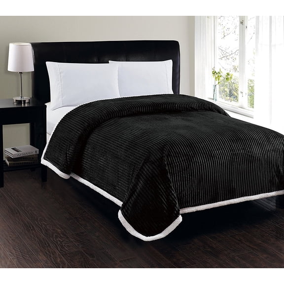 Elegant Comfort Best, Softest, Luxury Micro-Sherpa Blanket on Walmart! Heavy Weight Stripe Design Ultra Plush Blanket, Full/Queen, Black