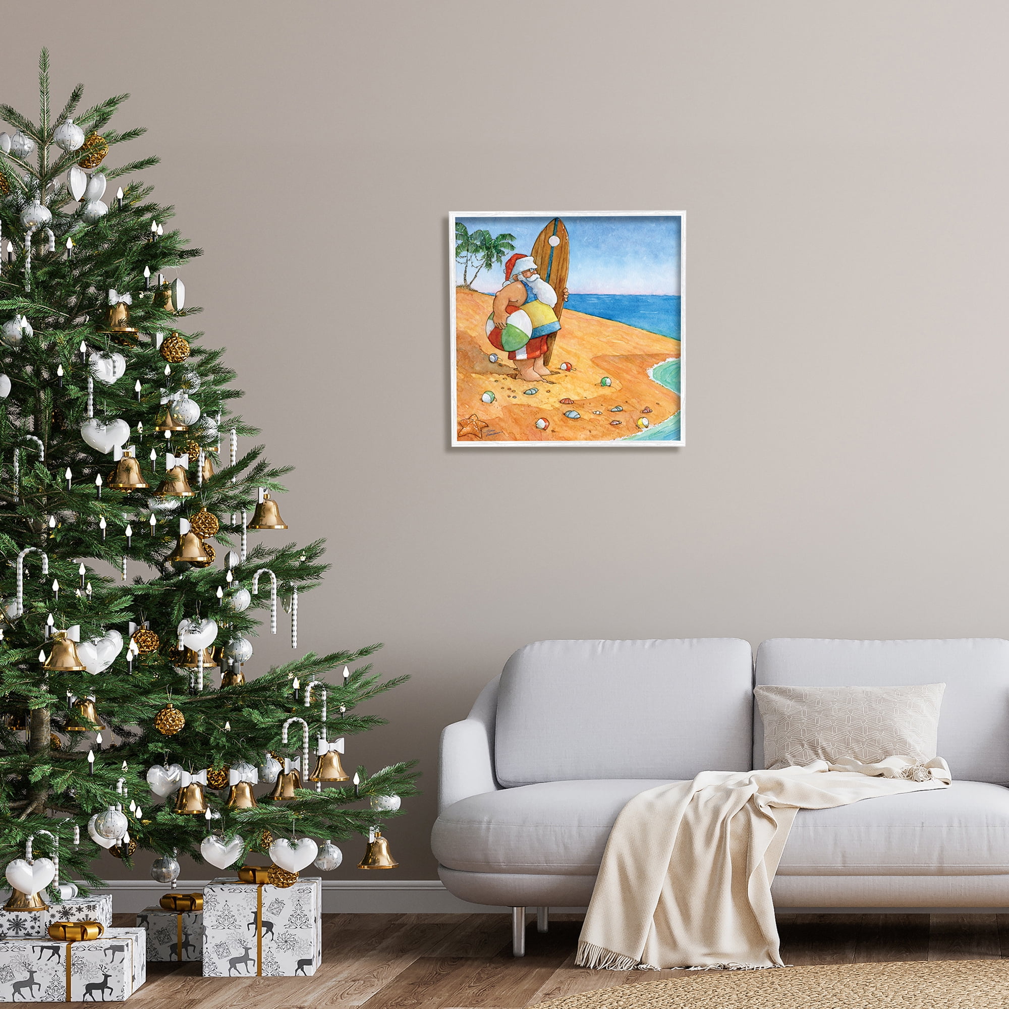 Santa Claus On Beach Surf Board Tropical Christmas Holiday Painting Framed Art Print Wall Art