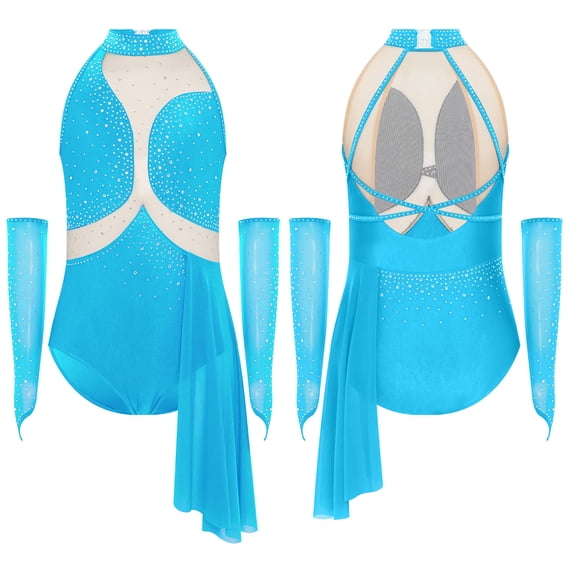 Sholeno Girls Sleeveless Rhinestone Lyrical Ballet Dance Bodysuit with Gloves Gymnastics Dancewear Light Blue 16