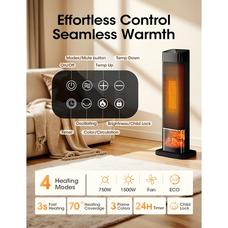 Nepsam, Tower Space Heater, 25 inch, 1500W with 3D Flame - Walmart.com