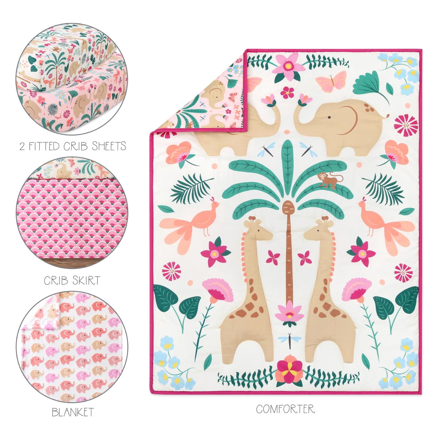 The Peanutshell Crib Bedding Set for Baby Girls, Bright Safari, 5 Pieces