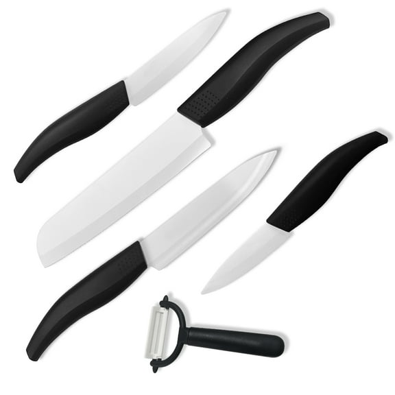 GLUAAE Kitchen Ceramic Knife Set with Sheaths, includes 6" Chef Knife, 5" Utility Knife, 4" Fruit Knife, 3" Paring Knife, and One Peeler