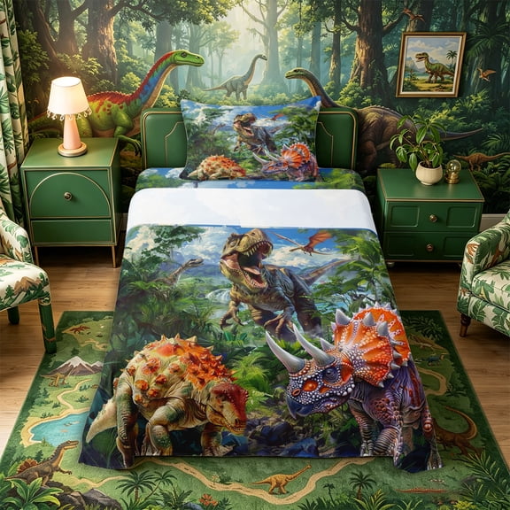 Metsweet Dinosaur T-Rex Twin Sheets 3pcs, Prehistoric Jungle Bedding,1 Fitted Sheet, 1 Flat Sheet and 1 Pillowcase