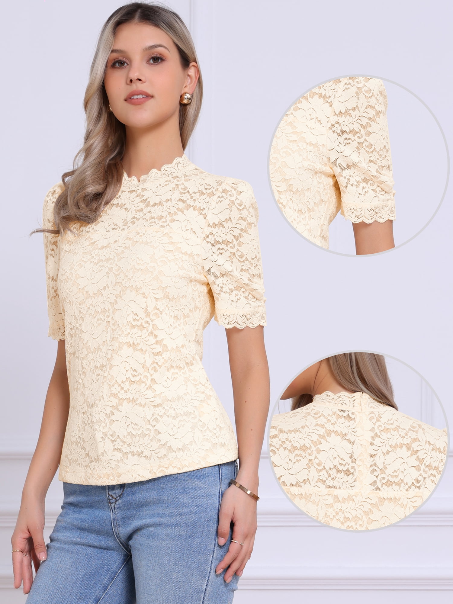 DARING DIVA Women's Lace Tops Mock Neck Puff Short Sleeve Floral Blouses XS Apricot