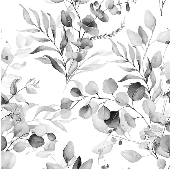 Biwat Peel and Stick Wallpaper Boho Black/Grey/White Eucalyptus Leaf Floral Wall Mural Home Nursery Boho Contact Paper 44.5cm x 10m