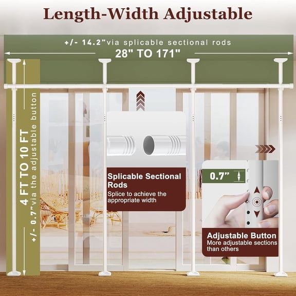 Room Divider for Room Separation, Tension Curtain Rods No Drilling, 4-10ft(H) 28-171inch(W) Adjustable Temporary Privacy Wall Divider, Heavy Duty Freestanding Space Partition Separator, White