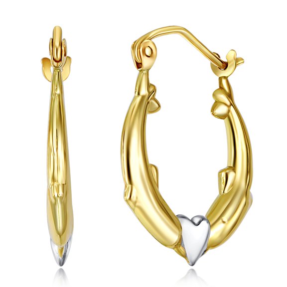 Wellingsale Ladies 14k Two Tone White and Yellow Gold Polished Dolphin Heart Hoop Earrings (17 x 17mm)
