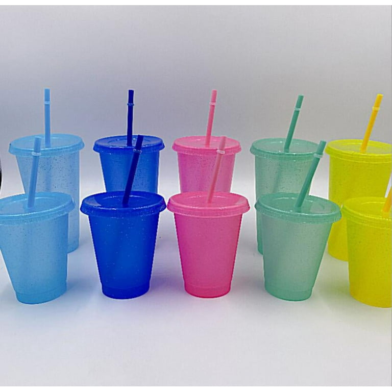Glitter Plastic Cups with Straws and Lid,5 Packs 24 oz. Colorful