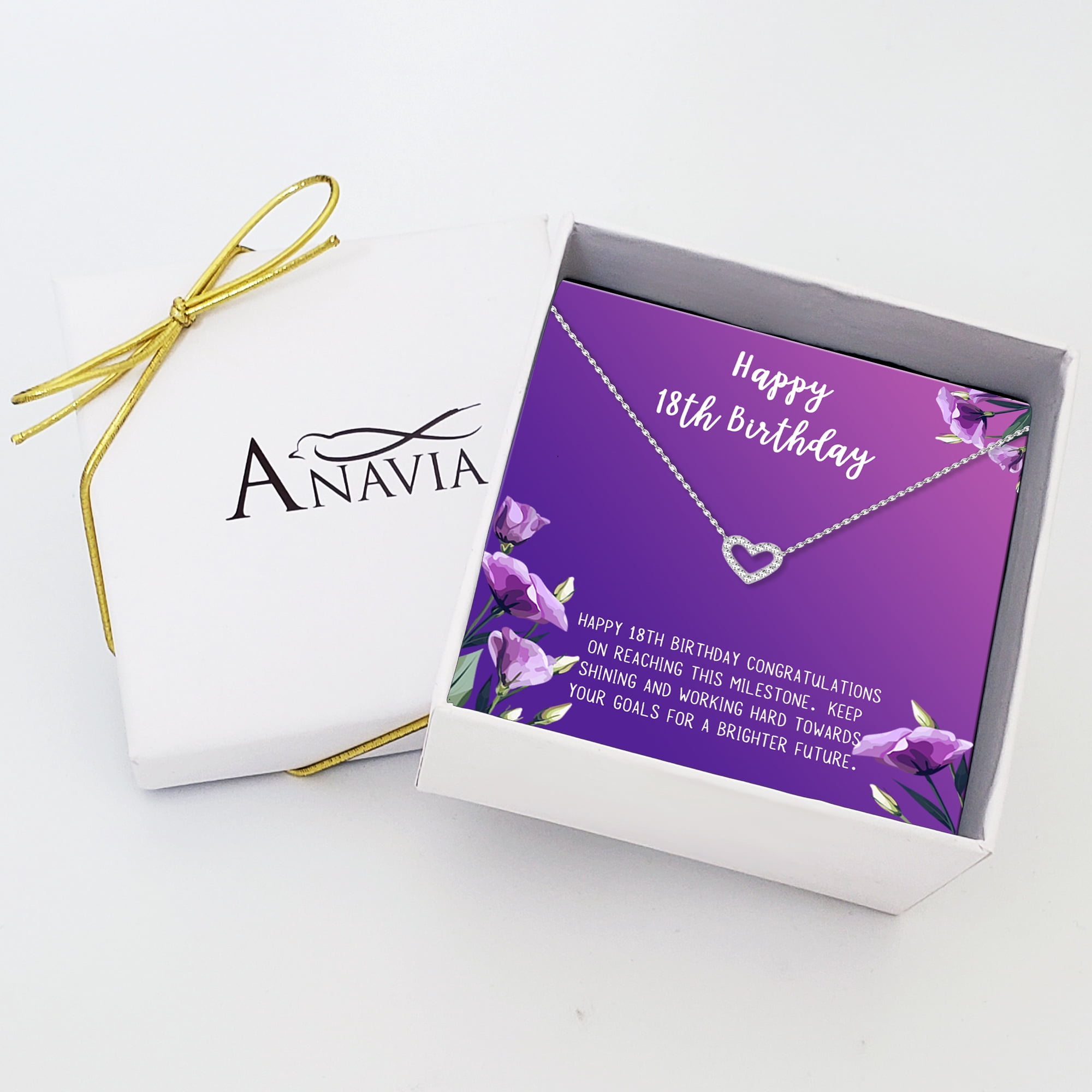 Anavia Happy 18th Birthday Gifts Stainless Steel Fashion Necklace Birthday Card Jewelry Gift for Girl, Birthday Gift for Daughter-[Silver Mini Crystal Heart, Royal Purple Gift Card]