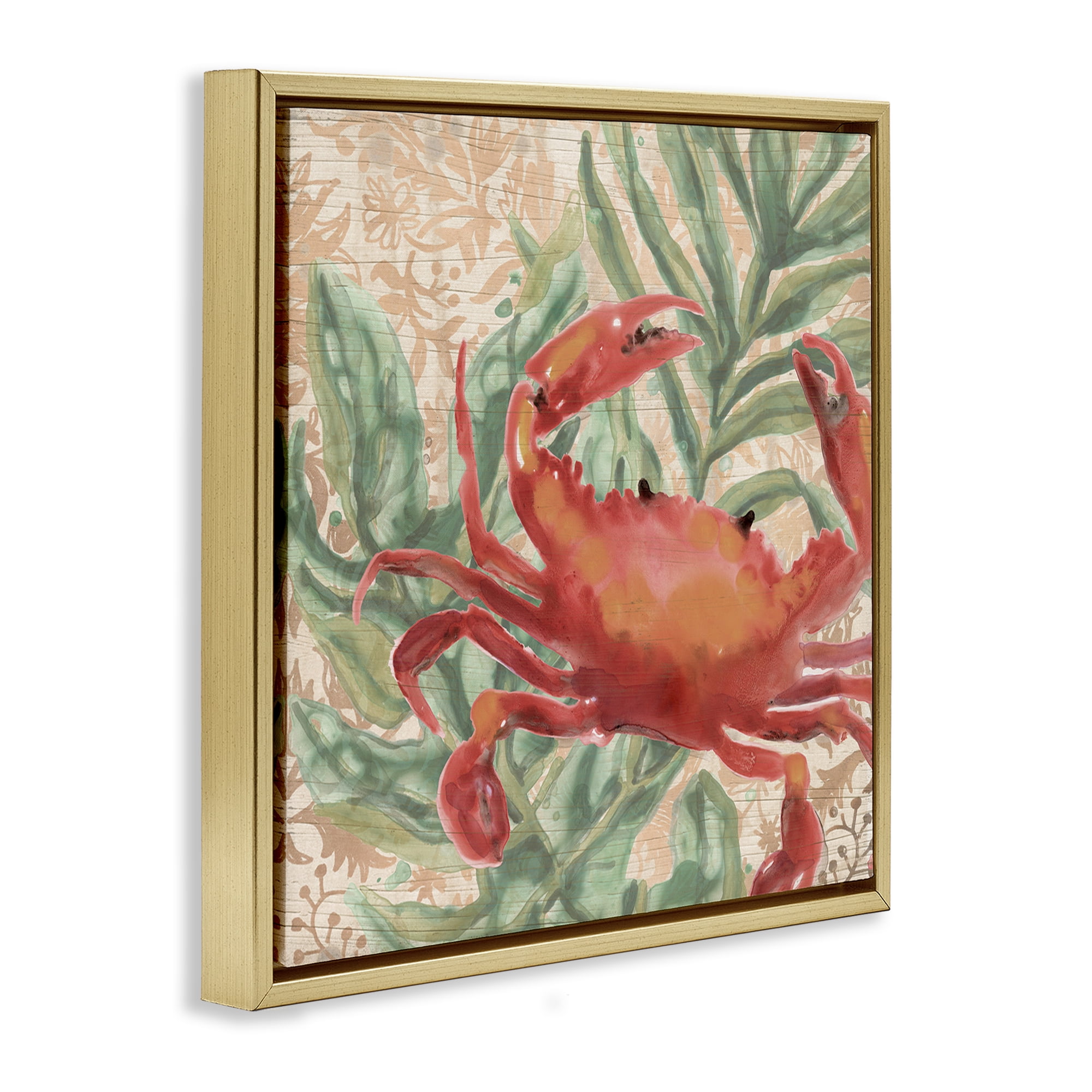 Stupell Industries Crab on Palm Leaves Animals & Insects Painting Gold Floater Framed Canvas Art Print Wall Art, 18 x 18