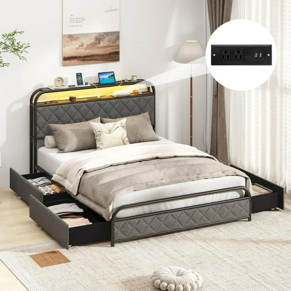 Harmijoy Full Size Bed Frame with LED Lights & Charging Station Storage Headboard