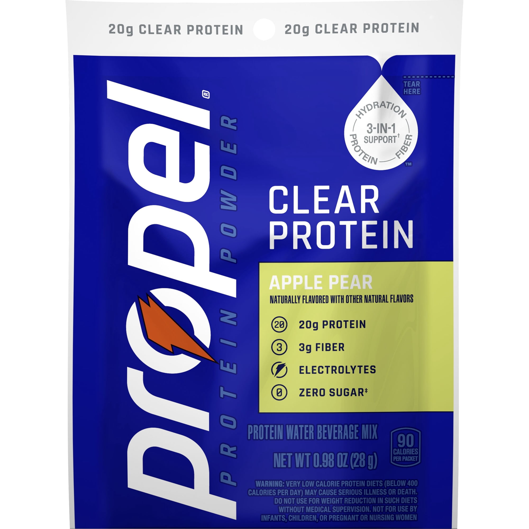 Propel Clear Protein Powder, Apple Pear, (5 Servings), 3-in-1 GLP-1 Support: Hydration, 20g Protein, 3g Fiber, Zero Sugar, 90 Calories, No Added Colors, No Artificial Sweeteners or Flavors