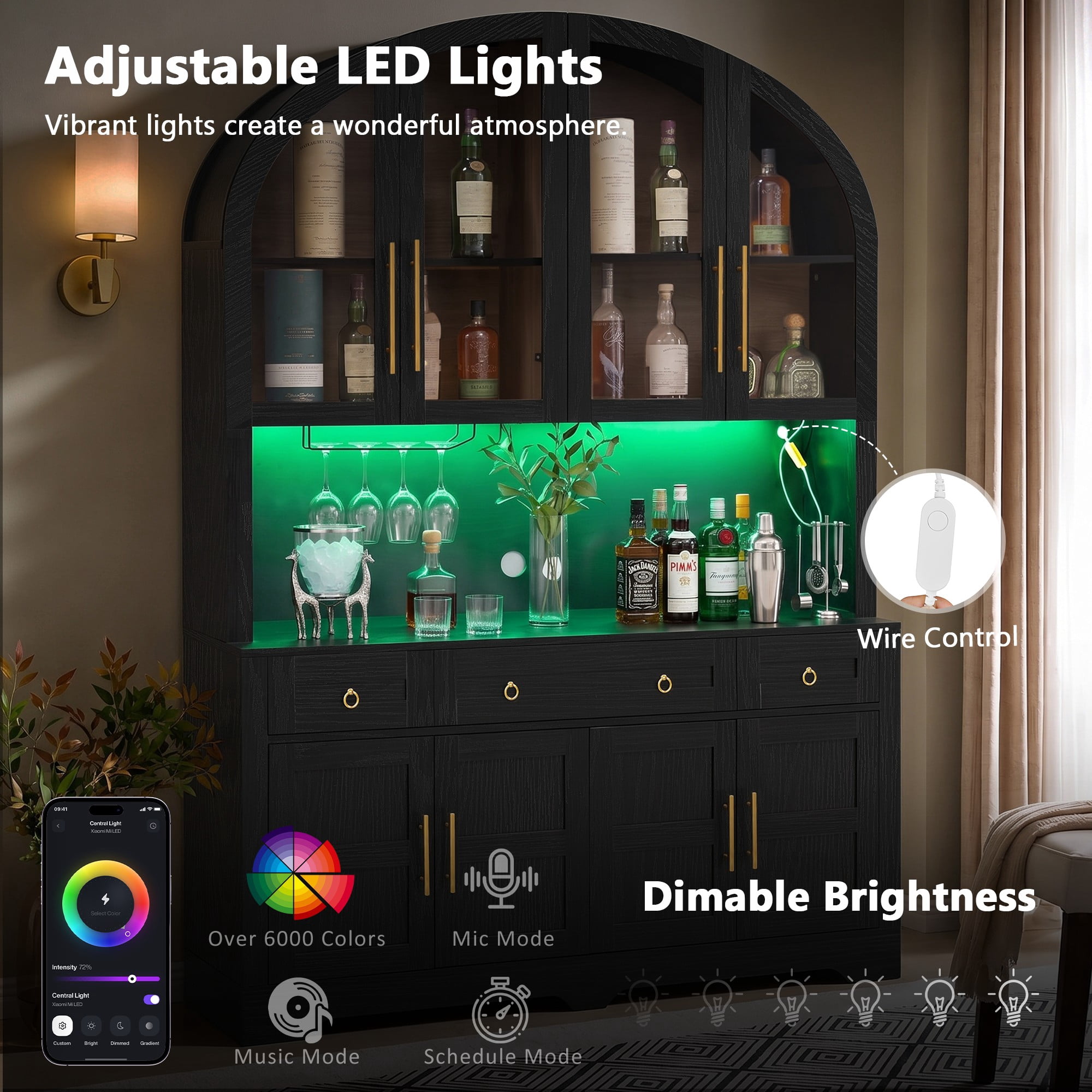 Aukfa 75.6"H Large Tall Kitchen Pantry Cabinet with Hutch, Arched Glass Doors, Built-In Charging Station & Smart LED Light,Black
