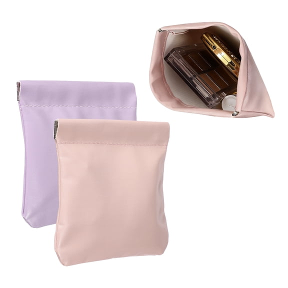 2Pcs Squeeze Coin Purse Pouch, Small Leather Change Purse Self Closing Portable Mini Makeup Bag for Women Men Car Change Travel, Purple,Pink