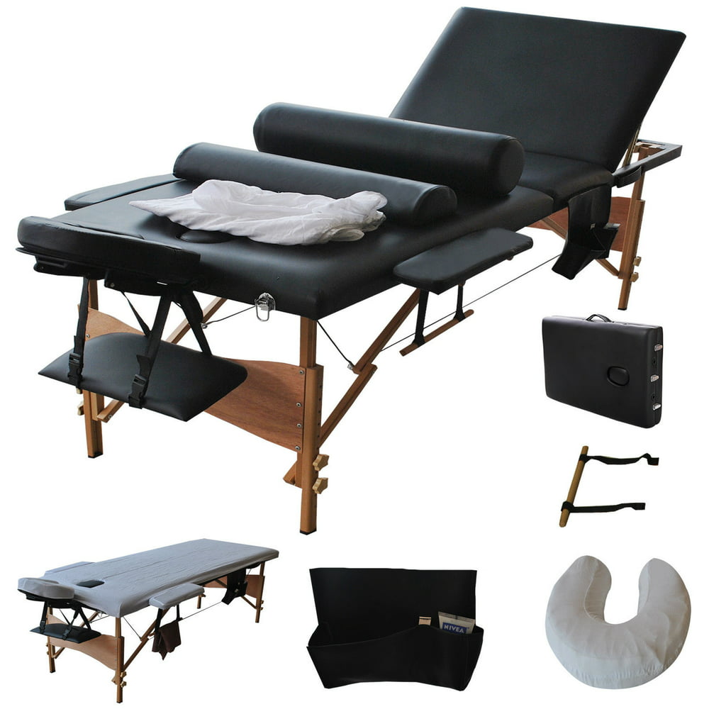 Costway 84"l 3 Fold Massage Table Portable Facial Bed W/sheet+cradle Cover+2 Bolster (Black)