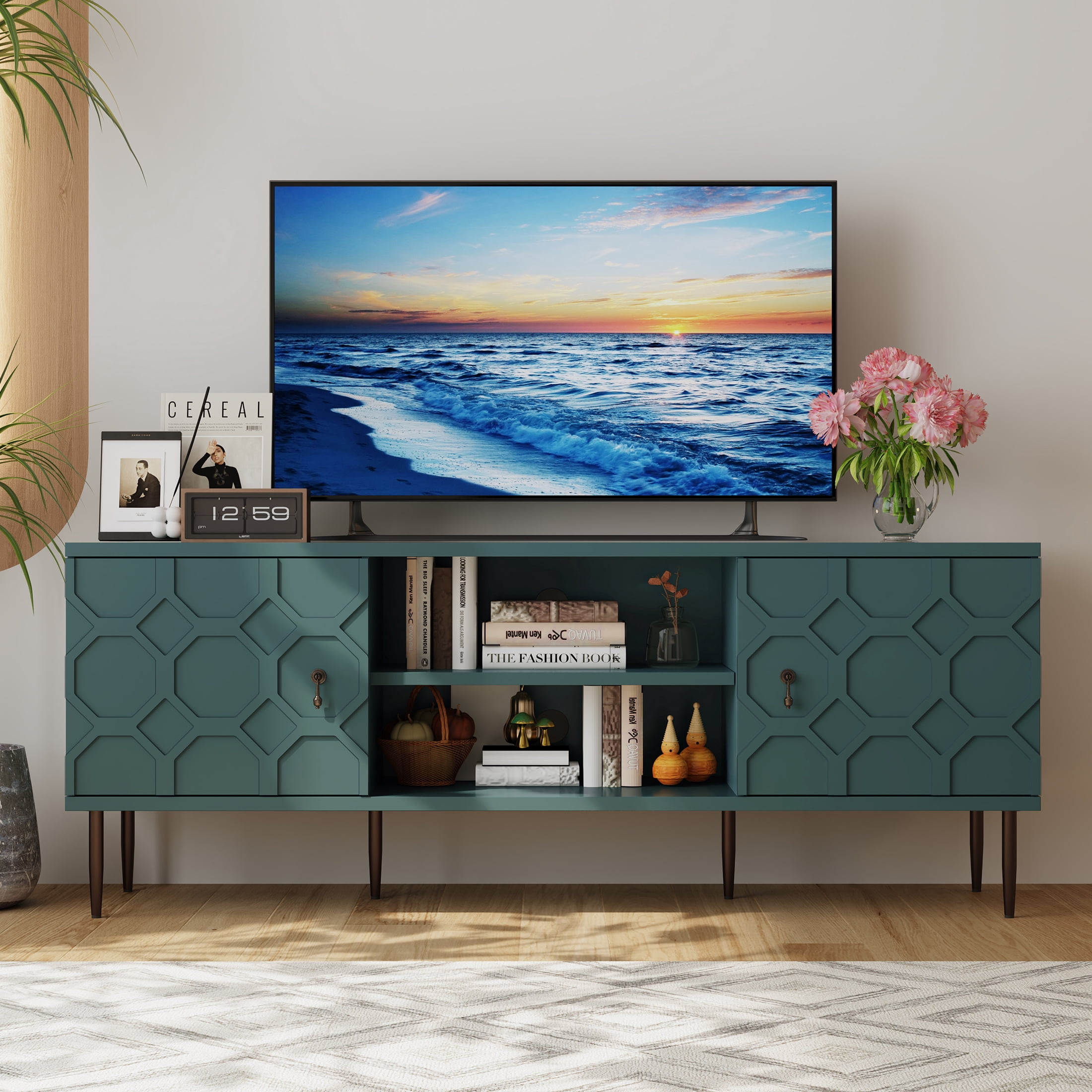 HLR Modern TV Stand for 70-in TV, Embossed Entertainment Center with Storage for Living Room, Green