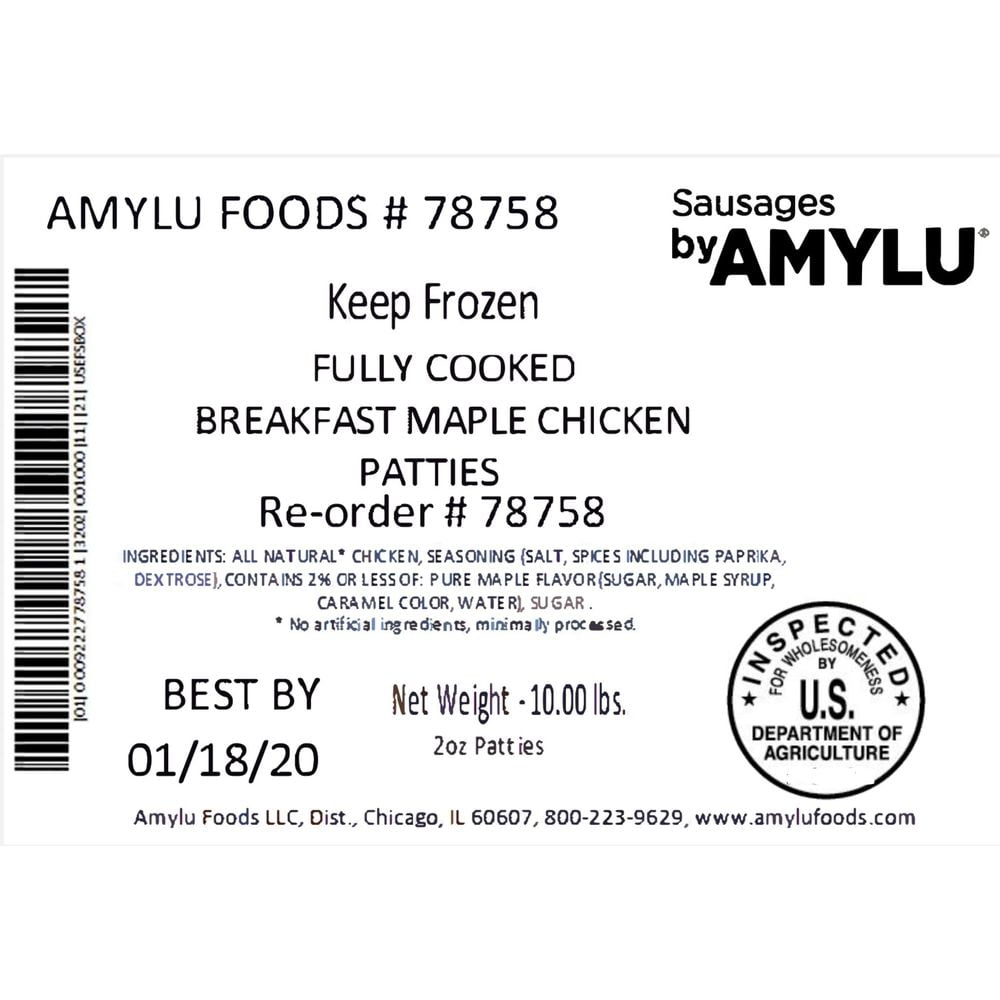 Sausages By Amylu Breakfast Maple Chicken Patties, 10 Pound 1 each