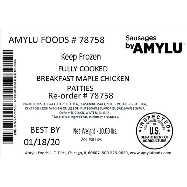 Sausages By Amylu Breakfast Maple Chicken Patties, 10 Pound 1 each