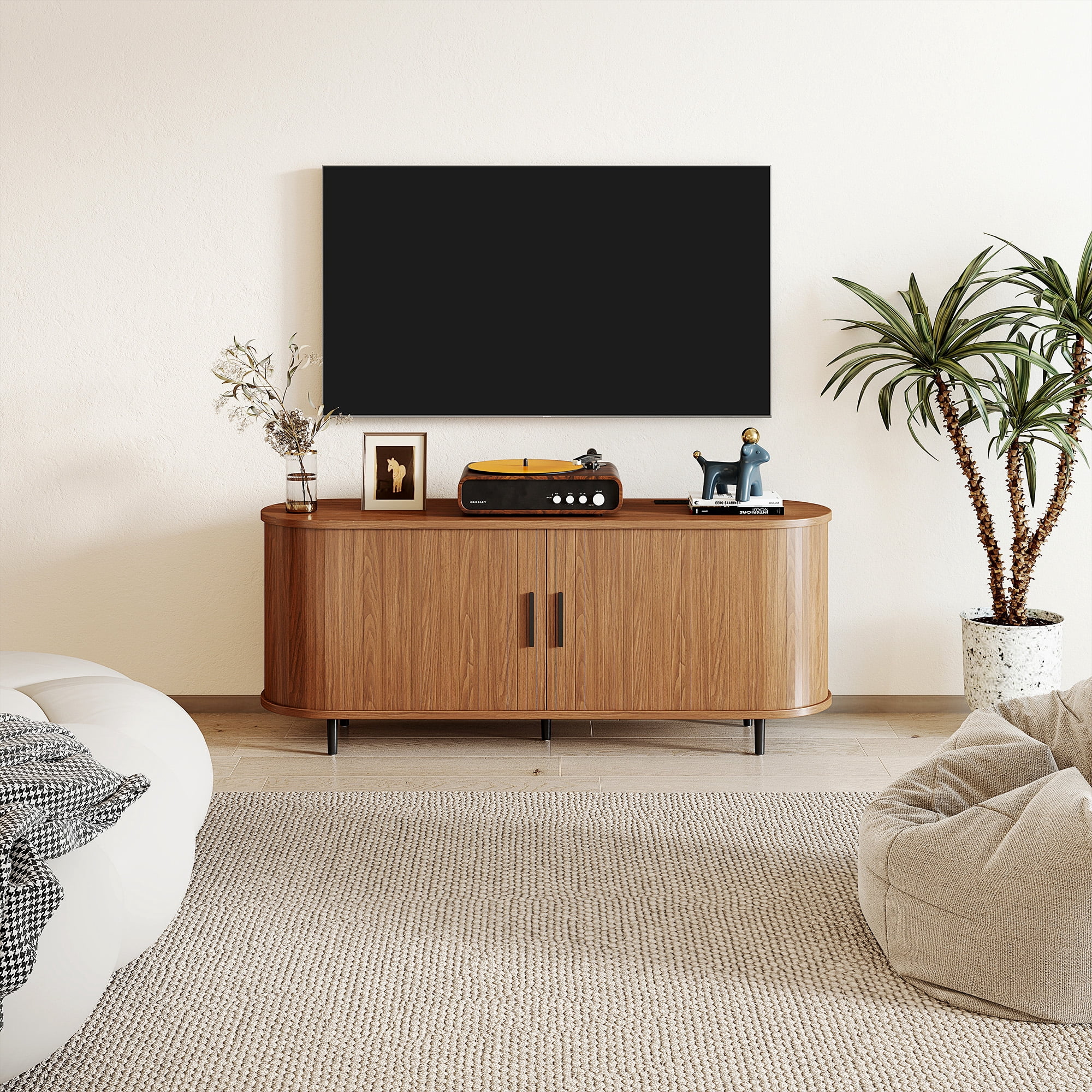 Walnut 55" TV Stand with Power Outlet, Modern Entertainment Center for TVs up to 60", Media Console with Storage Shelves & Sliding Doors