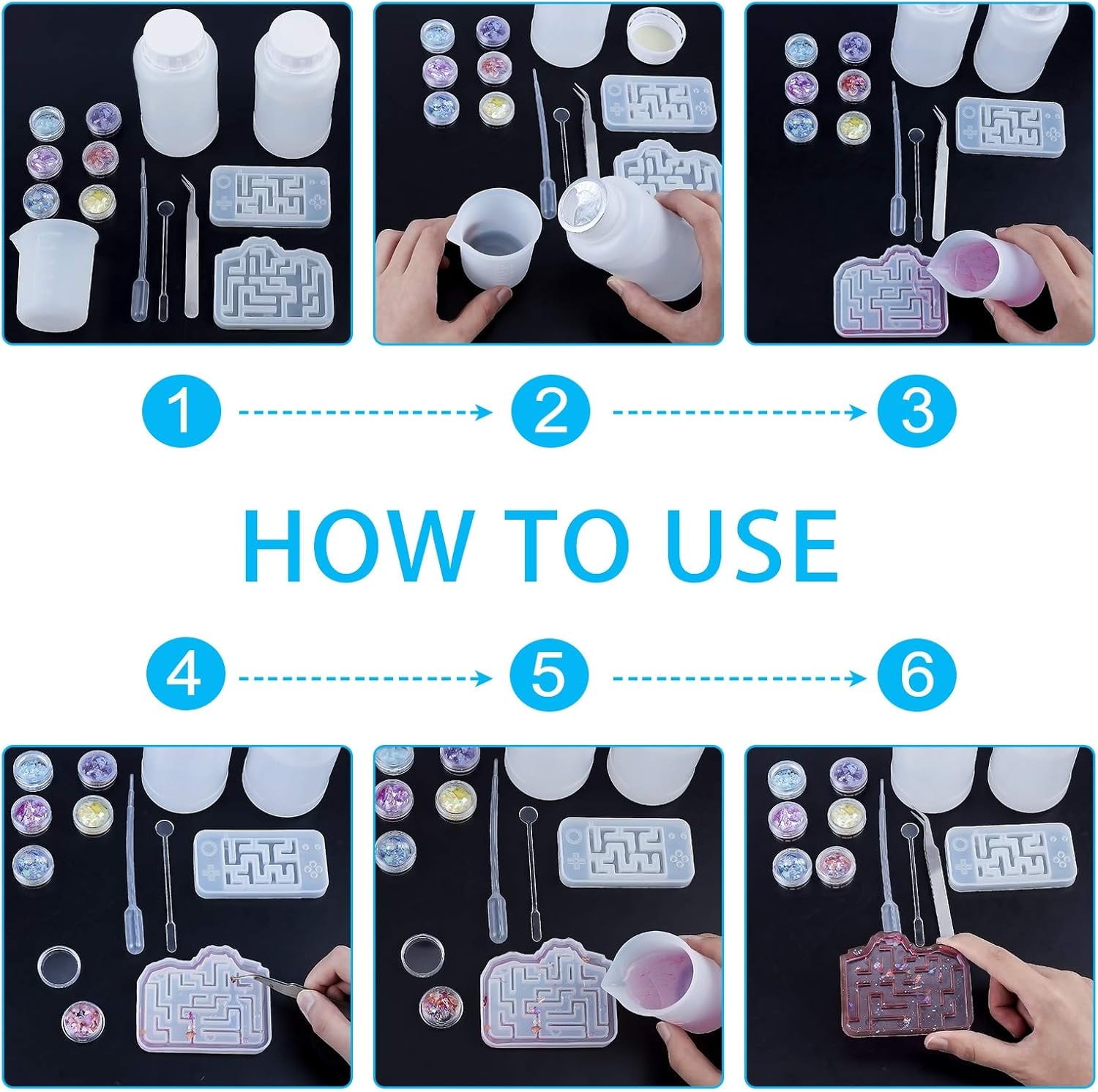 Epoxy Resin Molds Set 8 Shapes Labyrinth Silicone Molds Castle Molds with Sequins Measuring Cup Stirring Rod Pipettes and Latex Finger Cots DIY