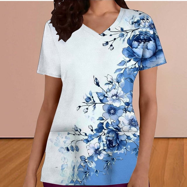 Neewe Scrubs for Women V Neck Short Sleeve Tops Loose Printed Plus Size with Pockets