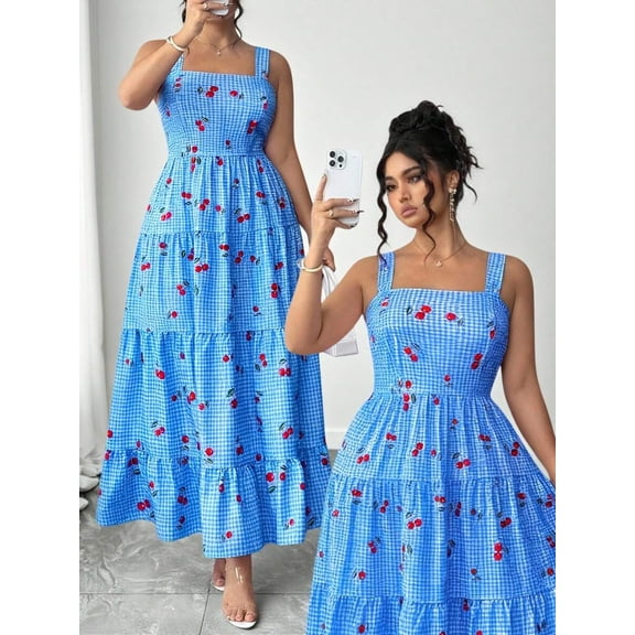 Plus Size Casual Vacation Sweet Plaid Cherry Pattern Camisole Dress